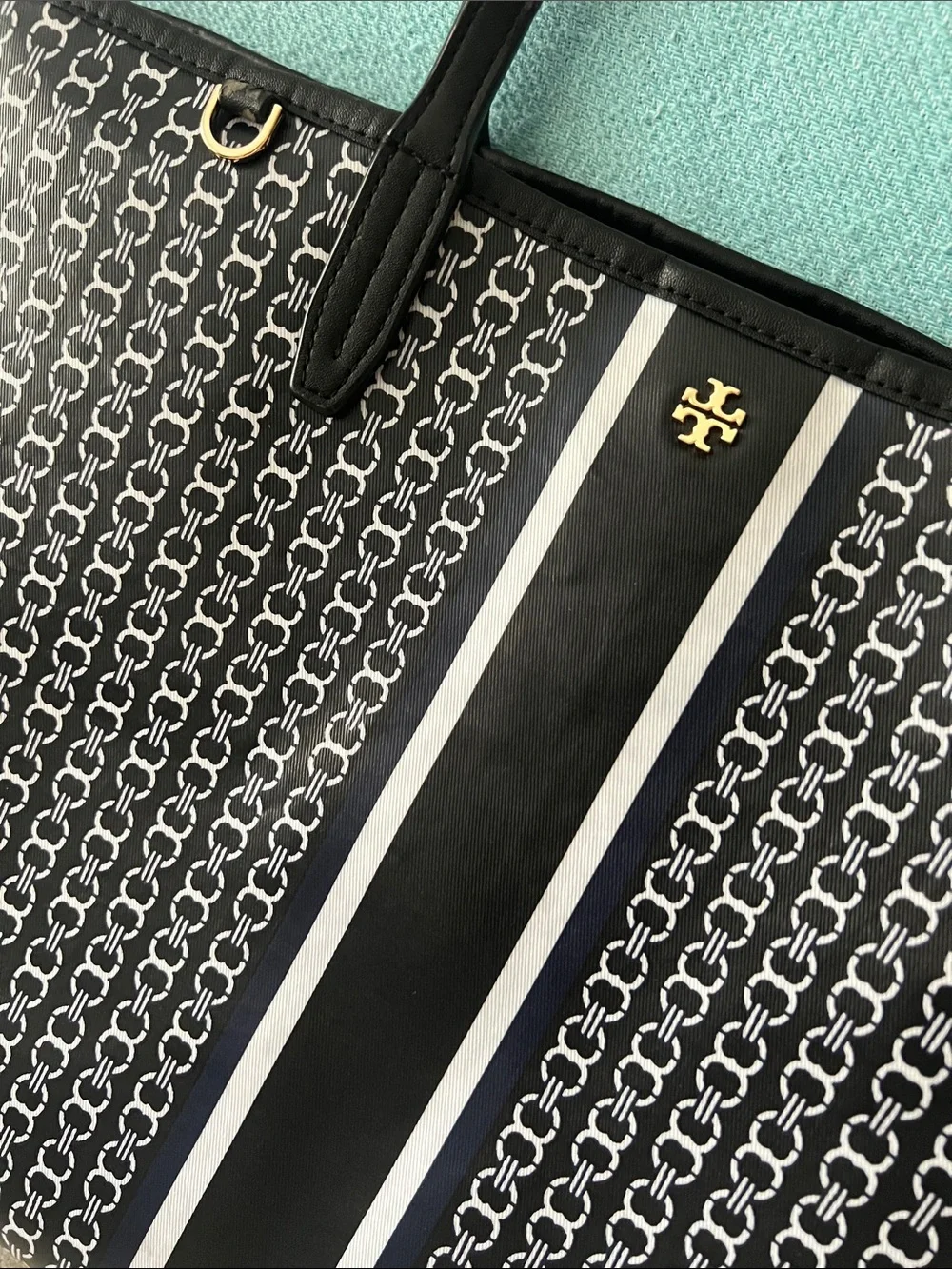 Tory Burch Black Monogram Stripe Tote with Center Plaque